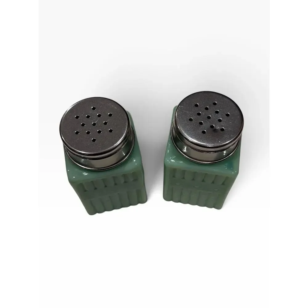 TPC Jadeite Green Milk Glass Salt & Pepper Shakers Ribbed Square Import Vintage
